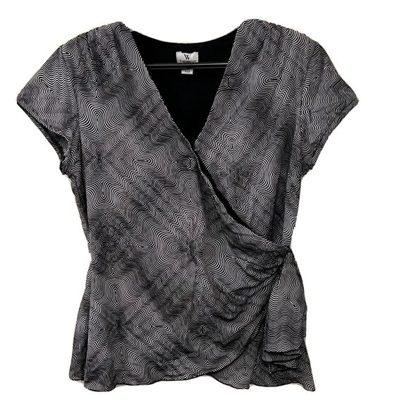 Worthington Women’s Printed Mock Wrap Blouse Top Black Gray Wht Nylon Top Sz M - Picture 1 of 12